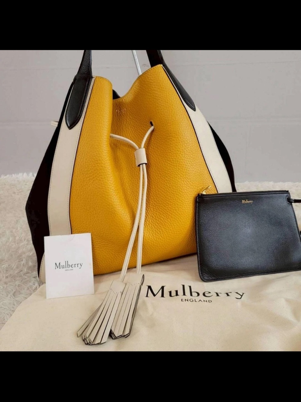 Mulberry Yellow, Black & Cream Pebbled Leather Drawstring Tote with Pouch - Picture 2 of 12